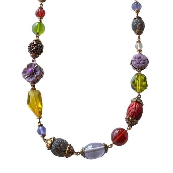 PJM Phoenix Jewelry Manufacturing Necklace Long Length Beaded Flowers Gold Tone - Picture 2 of 5